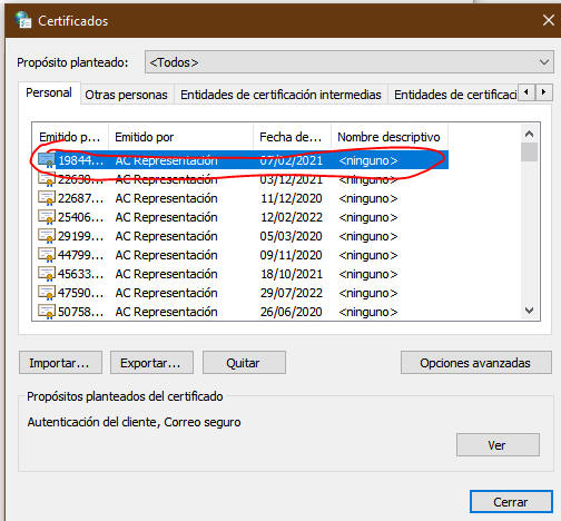 Pantalla Certificados
